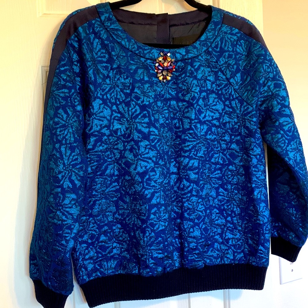 J Crew Collection Dressy Pull Over Crew Neck Bejeweled Sparkly Blue